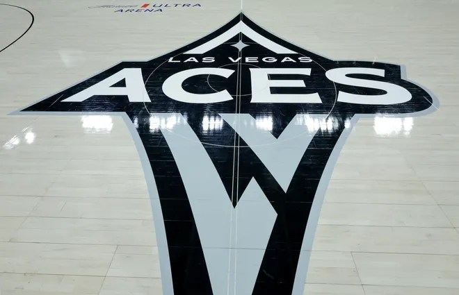 as Vegas Aces players celebrate on the court, currently under WNBA investigation for $100,000 sponsorship deals.