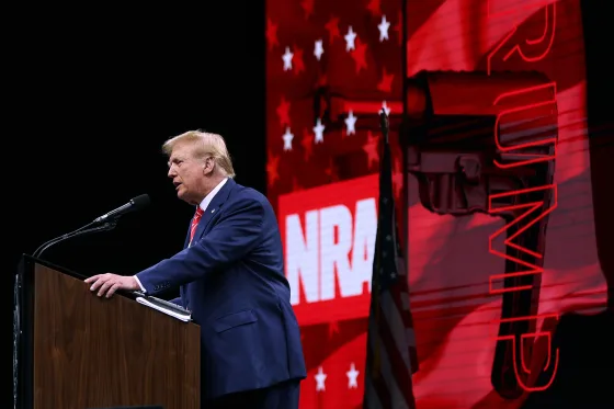 Donald Trump speaking at the NRA convention in Dallas after receiving their formal endorsement